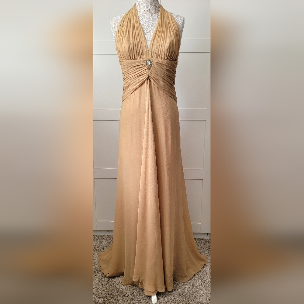 $895 NEW BADGLEY MISCHKA SILK  GOLDEN TAN BEAD CHIFFON RUNWAY GOWN US 10